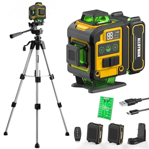 Image of Alloyman Laser Level with Tripod, 4x360° Self Leveling Laser Level, Green Line Lazer 4D Lazer Leveler Tool with 2Pcs Lithium Batteries for Picture Hanging, Tile, Home Renovation, Indoor