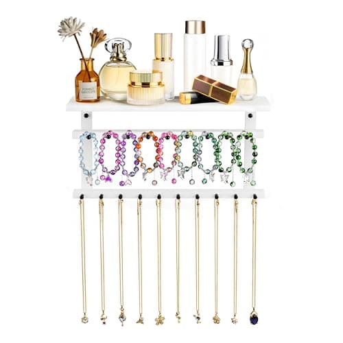 Image of Emfogoo Hanging Jewellery Organiser Necklace Stand, Wall Jewellery Organiser Necklace Hanger with 19 Hooks & Wood Shelf, Necklace Holder Display for Necklaces Bracelets (White)
