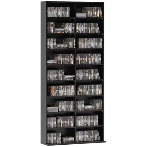 Image of HOMCOM 640 CD/360 DVD Storage Unit, Blu-ray Media Storage Shelf with 18 Compartments and 14 Adjustable Shelves, CD Tower for Living Room, Bedroom, Office, Black