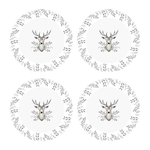 Image of YöL Set Of 4 Side Plates Christmas White And Grey Stag Design Porcelain Festive Dinner