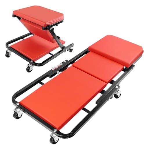 Image of 2-in-1 Folding Car Creeper & Mechanic Seat, Heavy Duty Steel Garage Trolley with 6 Swivel Castors, Padded Rolling Workshop Stool for Under Vehicle Inspection & Repair, 150kg Capacity, Red & Black