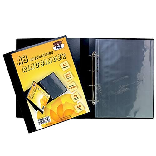 Image of ARK A3 Deluxe Portrait 4-D Ring Binder Folder File Art Black Presentation Portfolio + 10 Sleeves (Black)