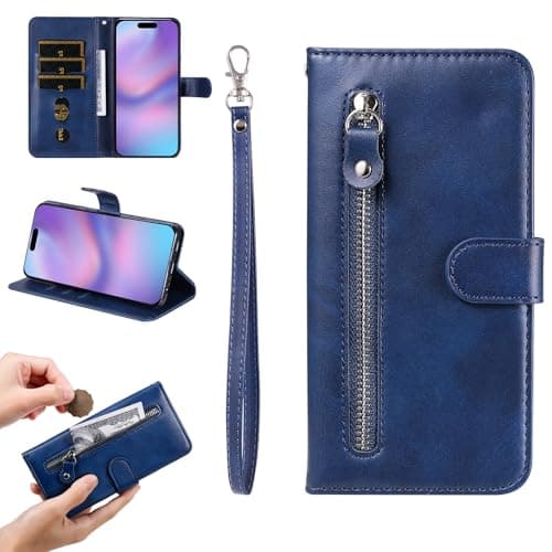Image of YANJIEER Wallet Phone Case for Huawei Y6p 2020, PU Leather Zipper Flip Cover with Card Holder Cash Pocket Wrist Strap, Magnetic Closure, Kickstand, Shockproof Protective Blue