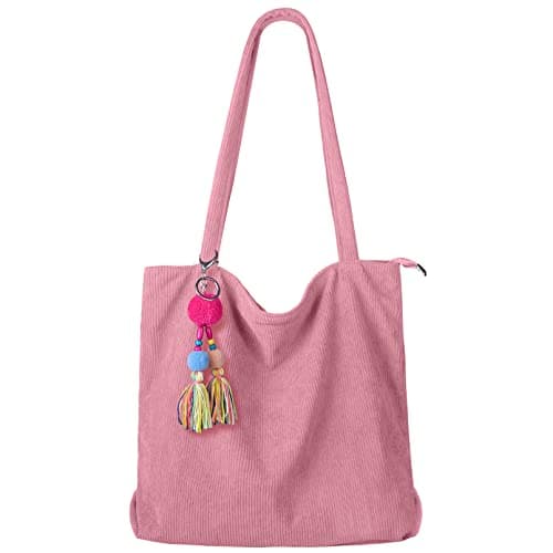 Image of FITDON Corduroy Totes Bag with Zip, Shoulder Bags Handbags Women's Hobos Large Capacity Shopping Bag with Inner Pocket for Work School Beach Travel, Pink