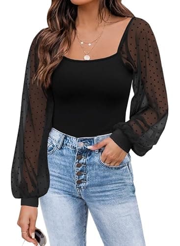 Image of Timuspo Black Tops for Women UK Puff Mesh Sleeve Shirts Cute Swiss Dot Top Ribbed Knit Blouse Spring Summer M