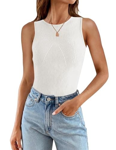 Image of Oyamiki White Vest Tops for Women High Round Neck Vests Basic Knitted Slim Tank Tops, S