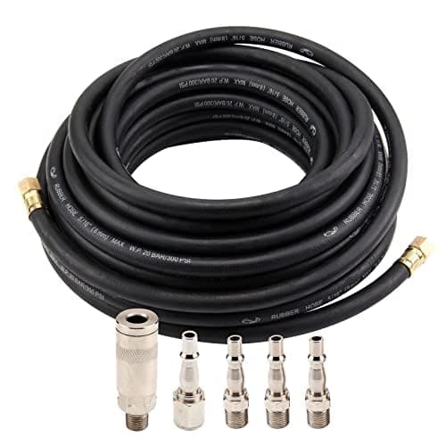 Image of Holdfiturn Air Compressor Hose 15m Air Line Rubber Hose 9.5mm ID X 15mm OD Compressor Hose Kit 5 Quick Release Fittings 1/4" Pneumatic Air Hose Pressure 300Psi