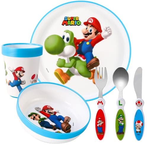 Image of Kids 6 Piece Reusable Dinner Set - Plate/Bowl/Cup/Knife/Fork/Spoon - Childrens Dinnerware Tableware Cutlery Set (Super Mario)