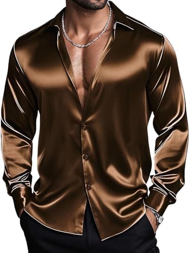 Image of Barry.Wang Men's Dark Brown Stretch Solid Shirts Satin Long Sleeve Button Down Dress Shirts Formal Casual Business Prom