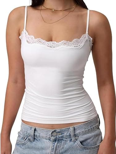 Image of Acrawnni Women's Sexy Square Neck Lace Cami Tank Tops Y2k Sleeveless Spaghetti Strap Lace Trim Slim Fit Camisole Aesthetic Cami Tops Basic Shirt (A-White, L)