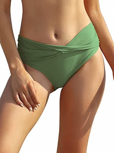 Image of SHEKINI Women's Bikini Bottom Twist Front Swimsuit Brief Ruched Medium Waisted Bathing Suit Bottoms Green