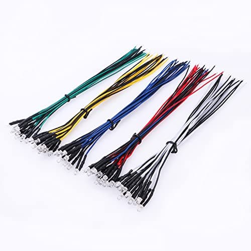 Image of YIXISI 50 PCS 3mm LED Diodes Light 5 Colors (Each Color 10 PCS), Ultra Bright 12V 20cm Pre Wired, White/Red/Blue/Green/Yellow