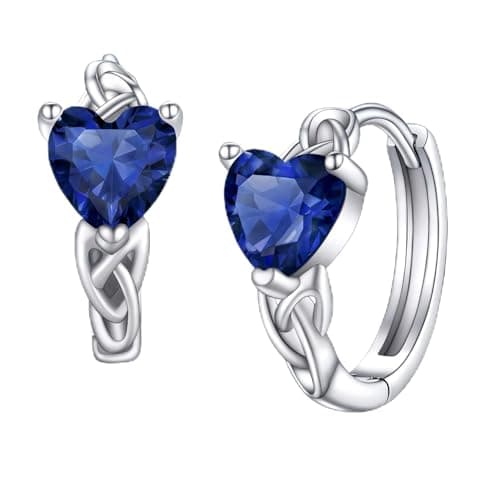 Image of Bestyle Adorable Celtic Knot Silver Hoops September Sapphire Birthstone Earrings 925 Sterling Silver CZ Heart Gemstone Huggie Hoops Earrings Great Birthday Gift for Daughter/Wife/Mom/Grandma