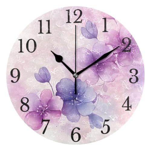 Image of Mnsruu Wall Clock Purple Violets Flowers Silent Non-Ticking Round Wall Clocks 25cm Battery Operated Clocks for Living Room Kitchen