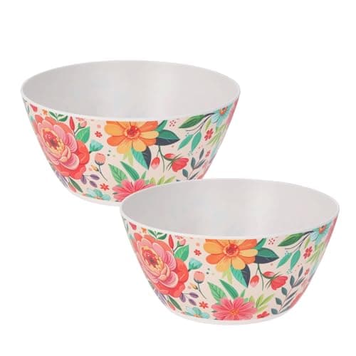 Image of Carousel Home Set of 2 Large Floral Salad Bowls | Garden Picnic Kitchen Plastic Serving Bowls | Outdoor Dining Tableware Serving Dishes - 25x12cm