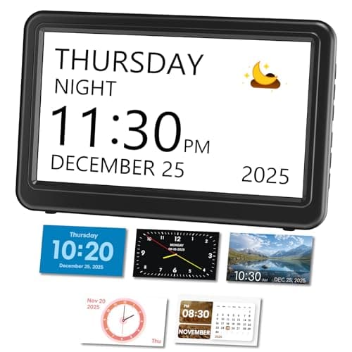 Image of Mesqool Calendar Clock with Days Dates and Time, Digital Dementia Clock with 20 Alarms & Custom Reminders, 7'' Large Number Display, Auto Dimmer and Photo Frame for Elderly