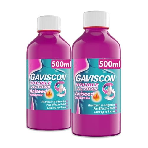 Image of Gaviscon Double Action Aniseed Liquid 500ml, Pack of 2 x 500ml - Heartburn, Indigestion, Stomach Pain, Acid Reflux Relief, Digestive Health, Long-Lasting Antacid, Pregnancy Safe