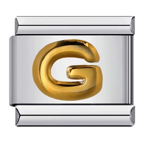 Image of Mon & Sons A - Z Yellow Gold Letter Initial Name Alphabet Personalised Birthday Charm Silver 9mm Italian Link Compatible With Modular Bracelet (G Gold)