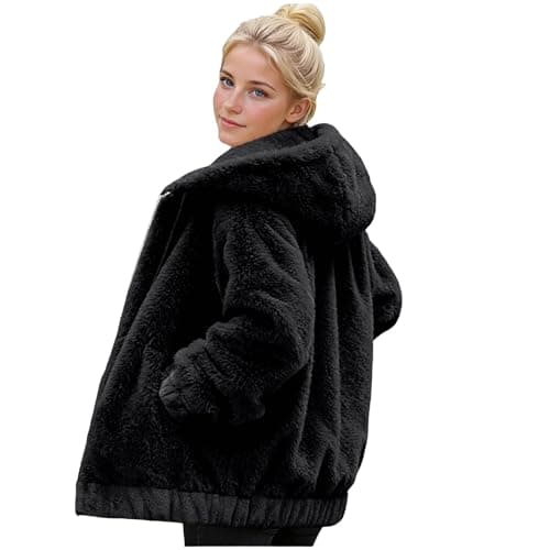 Image of Womens Fluffy Coat Thermal Teddy Bear Fleece Jackets Ladies Double-Sided Fleece Hooded Coat Cozy Faux Fur Overcoat with Pockets & Elastic Hem Spring Fall Winter Warm Plush Jacket Plus Size M-4XL