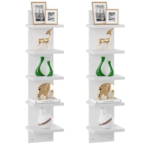 Image of IBUYKE 5 Tier Wall Shelf Unit,White Vertical Shelf,Organizer Tall Tower Design Decorative Wall Mount Shelving for Home, Bedroom,Office Decor WBC009W-2