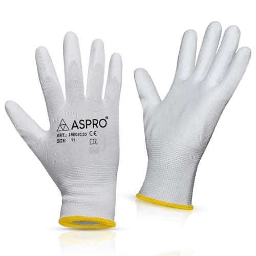 Image of 10 Pairs - Size M(8) - White Nylon PU coated work gloves for builders, gardeners, etc - By ASPRO (10 pairs, MEDIUM (size 8))
