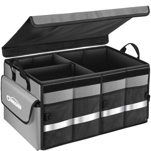 Image of Oasser Car Boot Organiser Storage Collapsible Durable Multi Compartments Boot Organisers with Foldable Cover Reflective Strip (Standard, Grey)