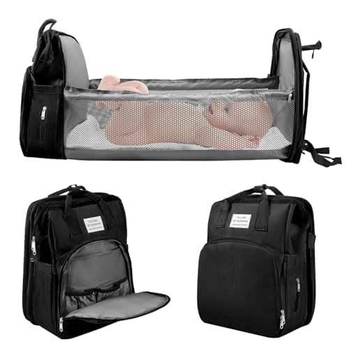 Image of Jalann Baby Changing Bag, Nappy Changing Bag with Changing Mat, Large Capacity Baby Bags for Mum, Waterproof Portable Changing Bags Backpack with Foldable Cot Bed, Stroller Straps for Travel (Black)