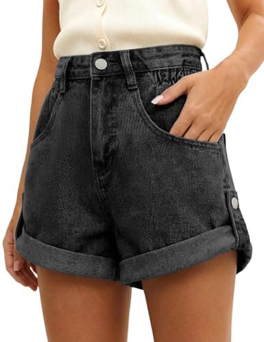 Image of Fengbay Denim Shorts for Women High Waisted Stretchy Casual Ladies Jean Shorts Rolled Hem Designed Summer Hot Short UK Black