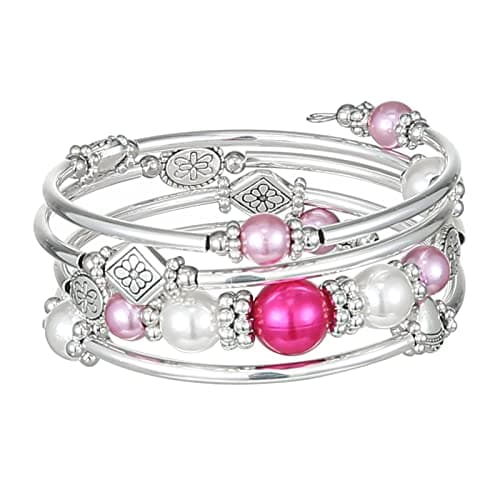 Image of FULU AUTUMN Silver Bangle Pearl Stacking Bracelets Boho Handmade Wrap Bracelet Fashion Jewellery Gift for Women(18-Hot pink)