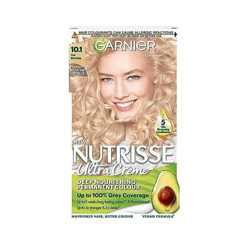 Image of Garnier Nutrisse 10.1 Ice Blonde Permanent Hair Dye, Radiant 8-Week Long Lasting Colour, Up to 100% Grey Coverage, Nourishing Vegan Formula with 5 Fruit Oils for 5x Stronger & 2x Shinier Hair