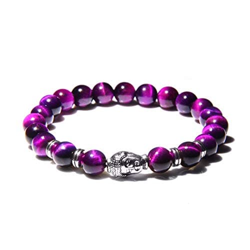 Image of Tibetan Padme Chakra Yoga Healing Bead Bracelet with Silver Engraved Buddha Head Charm & Purple Tiger's Eye Natural Stone