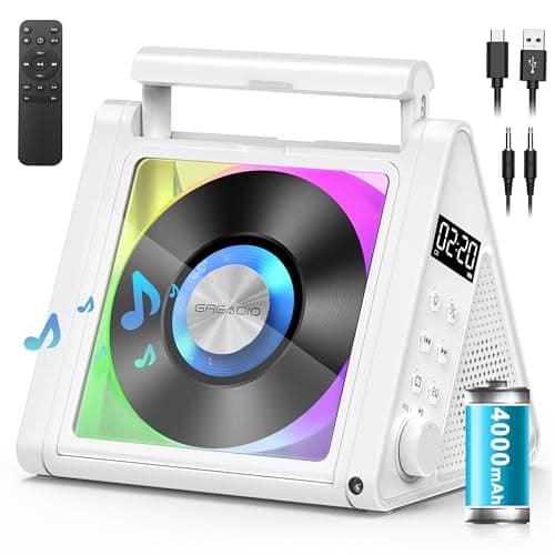 Image of Greadio Portable CD Players for Home, 2 * 10W HIFI System with Bluetooth 5.3, 4000mAh Rechargeable CD Player, FM Radio, USB, AUX, Remote Control,RGB Coloured Lights, Home Audio CD-Player (White)