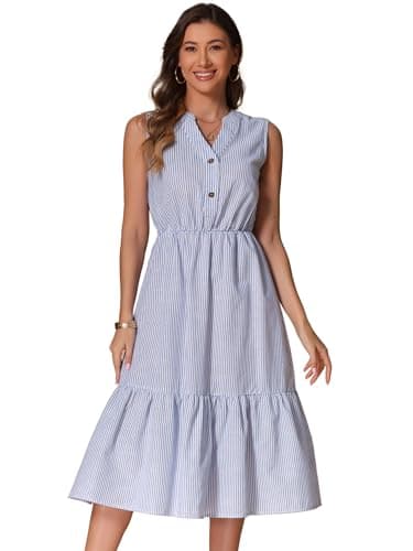 Image of Allegra K Striped Shirt Dress for Women's Summer Casual Pleated Ruffle Midi Dress Blue XL