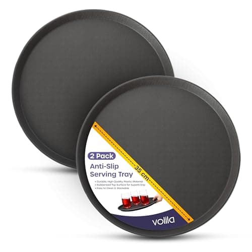 Image of Volila Black Round Non-Slip Tray - 35 cm (2 Pack) Rubberized for Serving Food and Drinks - Dishwasher Safe for Parties, Gatherings, Bars, Restaurants and Home