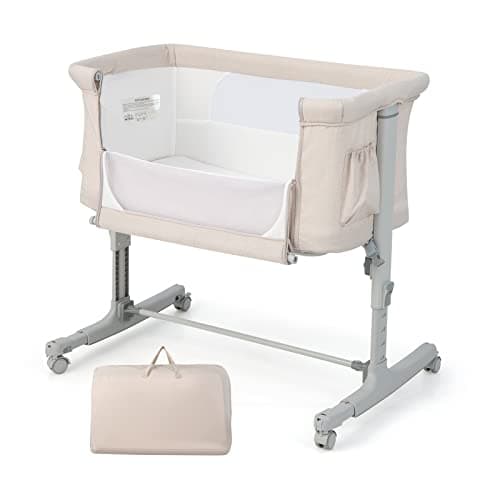Image of COSTWAY 3-in-1 Baby Bedside Crib, Easy Folding Cot Bed with Mattress, Breathable Mesh Window, Lockable Wheels and Travel Bag, Height Adjustable Newborn Sleeper for Birth to 9kg (Beige)