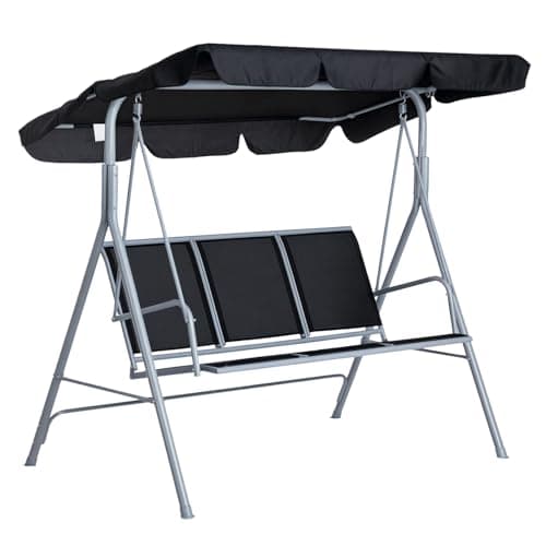 Image of Outsunny 3 Seater Swing Chair, Garden Swing Bench with Adjustable Tilting Canopy, Breathable Mesh Seat and Heavy Duty Metal Frame for Patio, Yard, Black