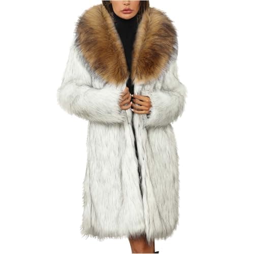 Image of Womens Long Faux Fur Coat Winter Thicken Long Jacket Artificial Luxury Fur Overcoat Windproof Jackets Faux Fur Trim Trench Collar Warm Woolen Overcoats Fluffy Fuzzy Outerwear Ladies Shaggy Cardigan