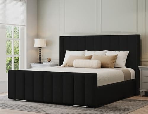 Image of Furnishion Vienna Wingback Small Double Bed Frame 4ft, Modern Plush Velvet Luxury Beds, Stylish Wooden Small Double Bed for Bedroom, Durable & Elegant 4ft Beds Frame Without Mattress in Black Plush