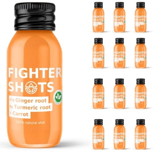 Image of Fighter Shots Ginger Turmeric Shots (Vegan/12x60ml) | Fresh & Fiery Ginger Shots for Immune Support | Boosts Energy | 100% Natural/No Nasties | Rich in Antioxidants | Packed with Vitamin C