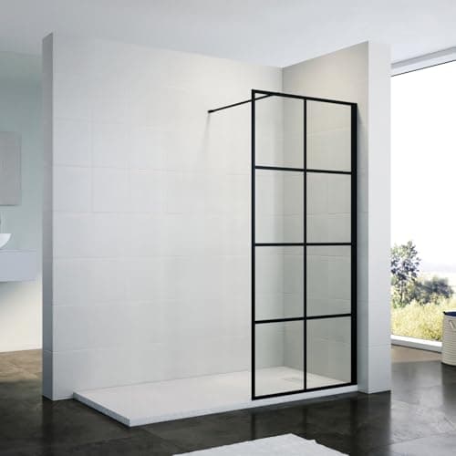 Image of ZANOFIRA 760mm Black Grid Walk in Shower Screen 8mm Toughened Safety Glass Industrial Style Wet Room Shower Panel with Stainless Steel Support Bar Reversible for Shower Cubicles