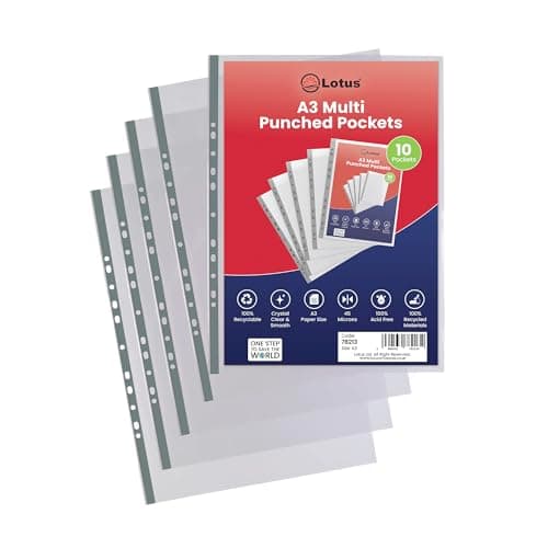 Image of Lotus Premium A3 Portrait Punched Pockets - 90 Micron Transparent Poly Wallets|Crystal Clear, Heavy Duty Sheet Protector Sleeves for Documents, Presentations & Archival Storage-78213(Pack of 10 x 1)