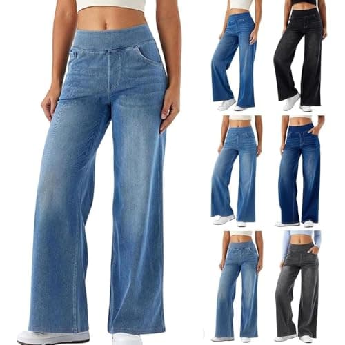 Image of Wide Leg Jeans for Women UK,Pull On Stretch Straight Legs Baggy Sweatpants Palazzo Jeans Elastic High Waisted Denim Pants with Pockets Ladies Lounge Sweatpant Loose Running Hiking Tracksuits Bottoms