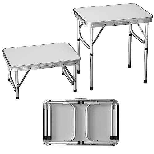 Image of Qimu 2ft Folding Camping Table with 2 Adjustable Height, Lightweight Aluminium Picnic Table, Portable Foldable Picnic Tables for Picnic/Camping (White,60cm-2 Adjustable Heights)