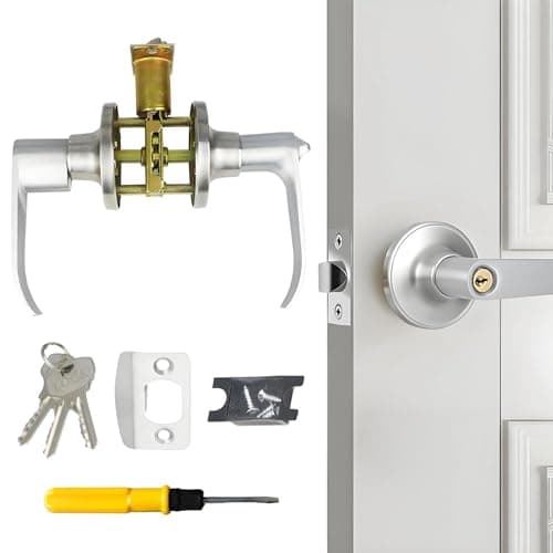 Image of Plumaire Door Handle Lock with Keys, Security Door Lock Set, Reversible Doors Handles, Bedroom Doors Locks, Security Locks Set, with Screwdriver, for Bedroom, Bathroom, Kitchen, Office, Silver
