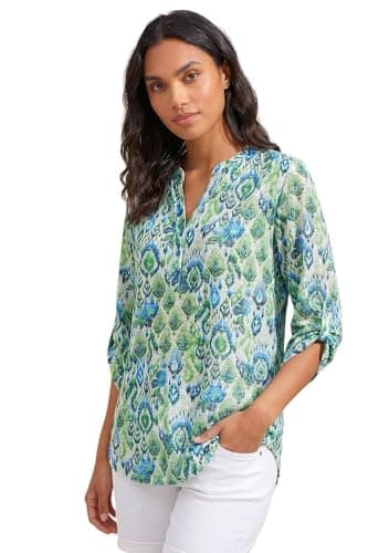 Image of Roman Shirt for Women UK Ladies Top Collarless Blouse Stretchy Tunic Smart Casual Autumn Winter Jersey 3/4 Length Sleeve Notch V Neck Flattering Office Work - Green Beige - Size 14