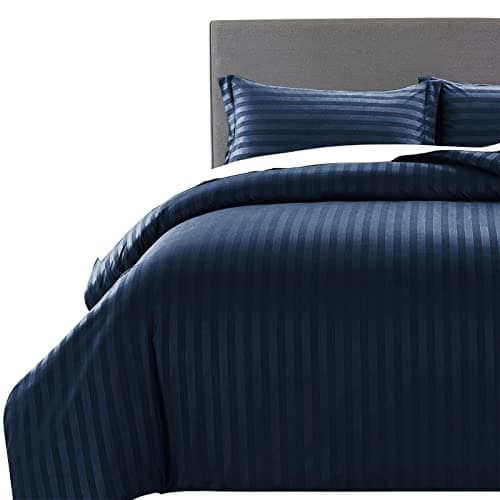 Image of MOONLIGHT20015 Double Duvet Set Reversible Stripes Satin Double Bedding Set with 2 Pillowcases Soft Hypoallergenic Duvet Cover (Navy 200x200 CM)