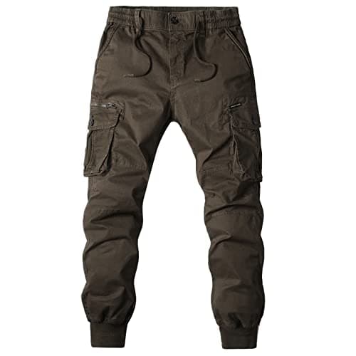 Image of Cargo Trousers Mens Jogger Sweatpants Slim Fit Plain Tracksuit Jogging Bottoms Elastic Cuffed Activewear Trousers Multi-Pocket Cotton Combat Casual Ripstop Work Utility Trousers Coffee