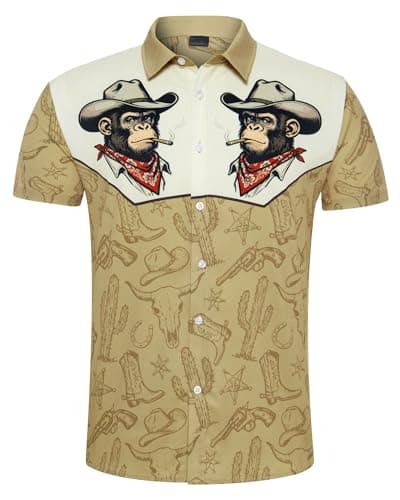 Image of Fanient Mens Shirts Western Cowboy Chimpanzee Printed Retro Funny Shirts Fit Casual Beach Shirt for Men M