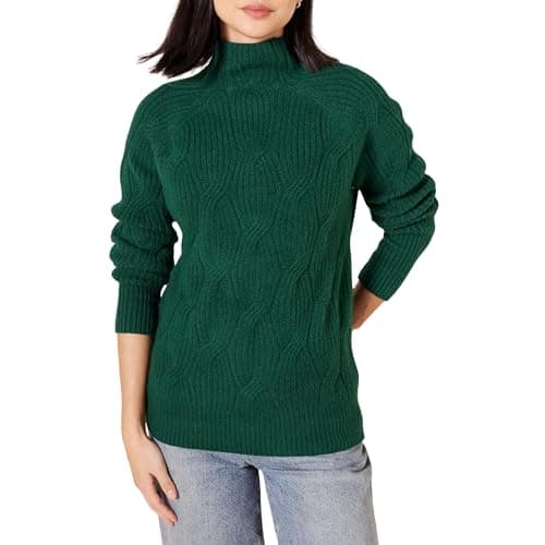 Image of Amazon Essentials Women's Soft Touch Cable Knit Funnel Neck Chunky Jumper, Dark Green, XS