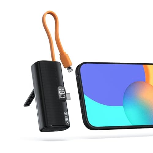 Image of ONES 5000mAh Mini Power Bank, 10.5W Dual-Way Quick Charge, Built-in Cables/Stand, Portable Battery Phone Charger for iPhone 16/15/14/1312 Samsung S22/23 Series, USB C Plug & Lighting Cable, Black